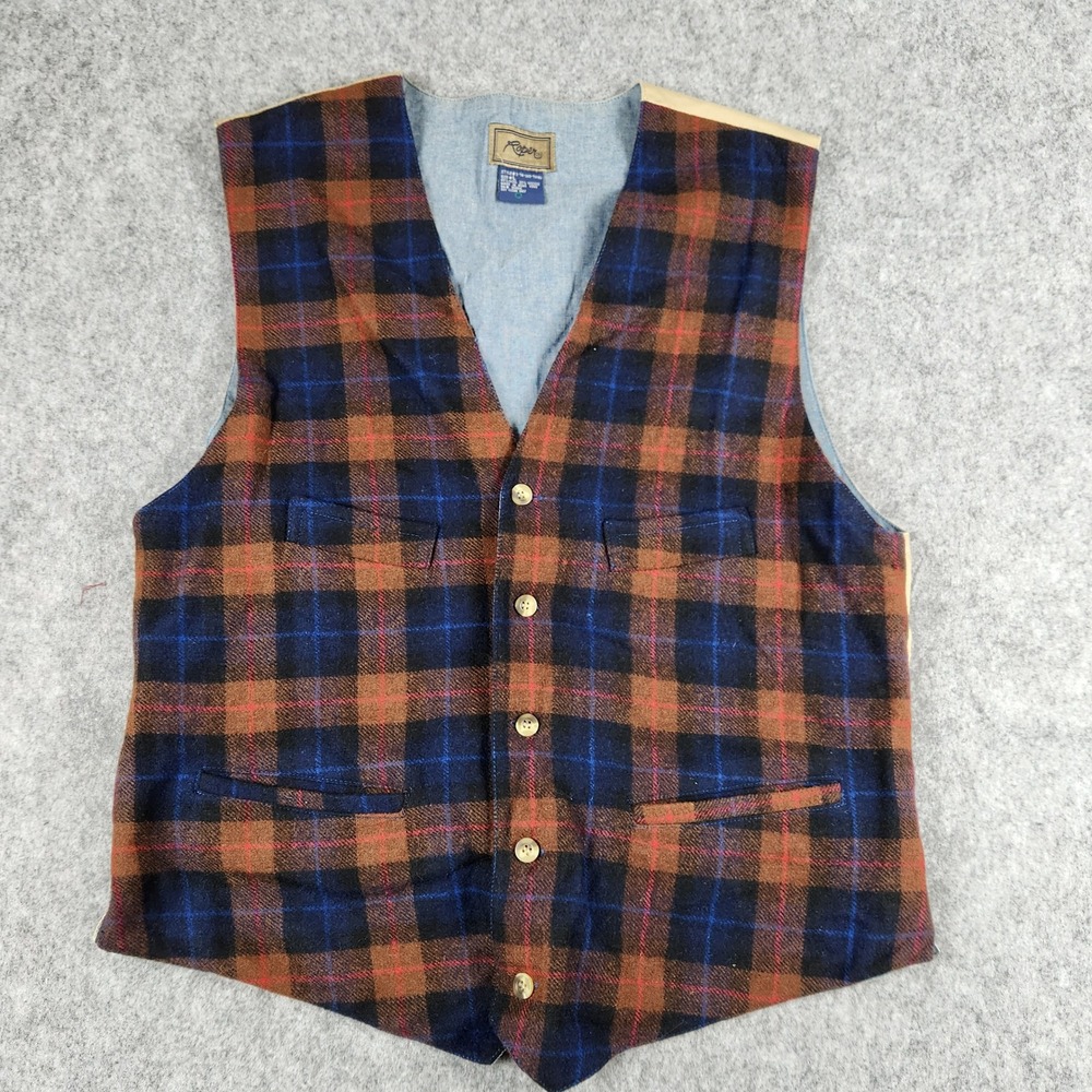 VTG 80s 90s Roper Vest Men L Wool Plaid Rodeo Western Cowboy Cinch Back Country